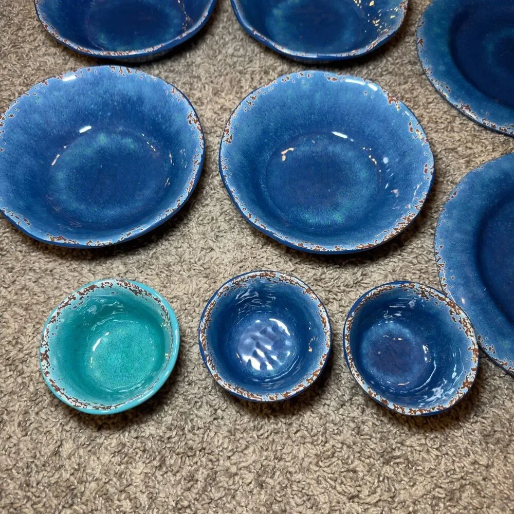 Pier 1 Carmelo Melamine Blue Crackle Rustic Plates Bowls Snack Dish LOT of 9